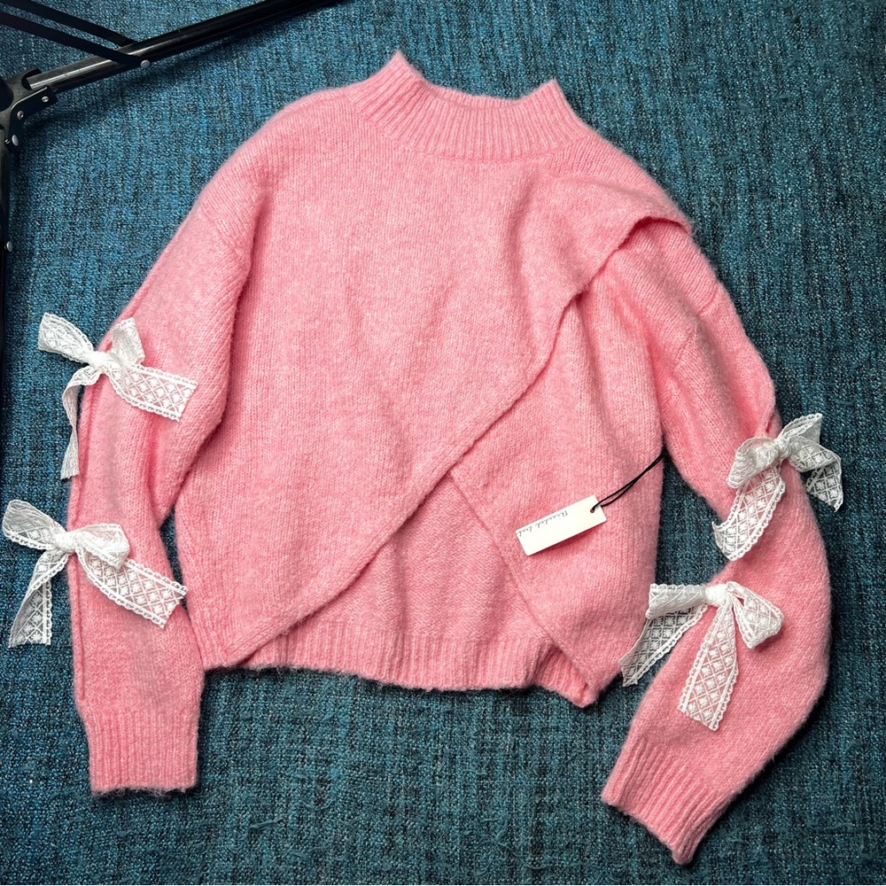 Threaded Leaf Pink Bow Sleeve Soft Sweater in Women's Size XL NWT